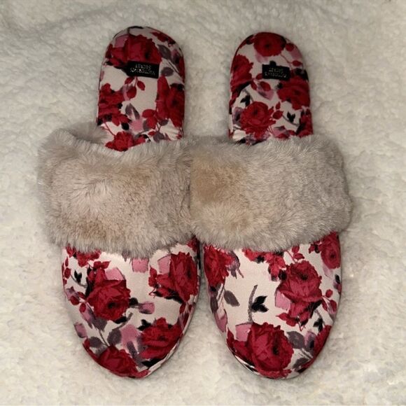 Victoria’s Secret 9-10 Rose Red Pink Black Satin Faux Fur Slippers in Packaging - Picture 1 of 10
